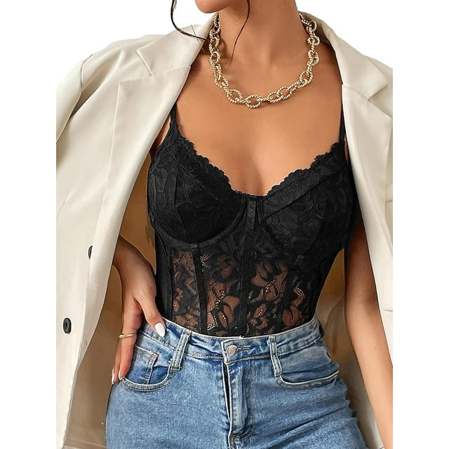GHSDFBB Combinaison Bustier en Dentelle pour Femmes, Justaucorps Sans Manches Ajusté en Maille Transparente