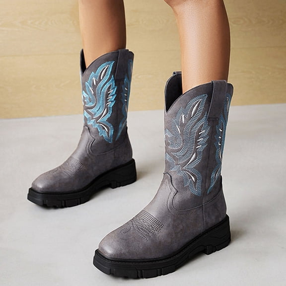 Men's Cowboy Boots Mid Calf Boots Square Toe Chunky Heel Embroidery Western Boots