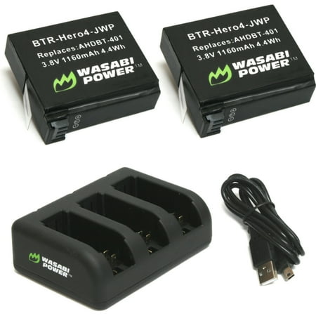 Wasabi Power Battery (2-Pack) and Triple Charger for GoPro HERO4 AHDBT-401