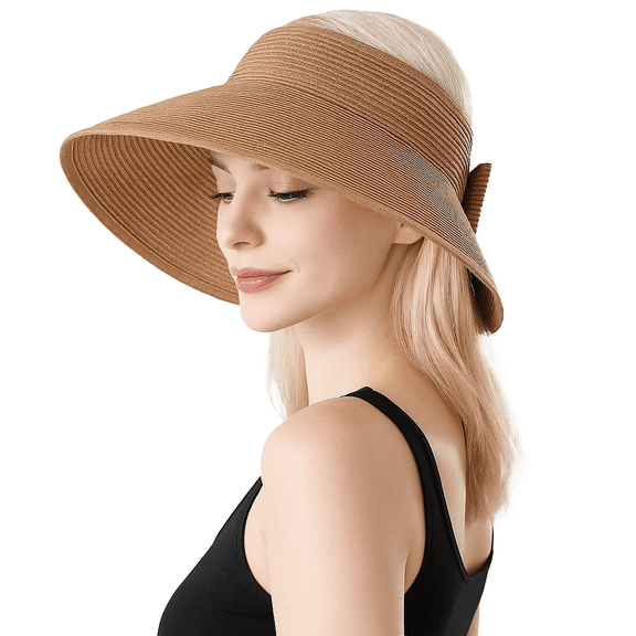 Sun Hats for Women, Foldable Straw Sun Visor Hats, Wide Brim Summer Beach Hat for Summer Shade, Ideal for Women's Summer Vacation, Khaki