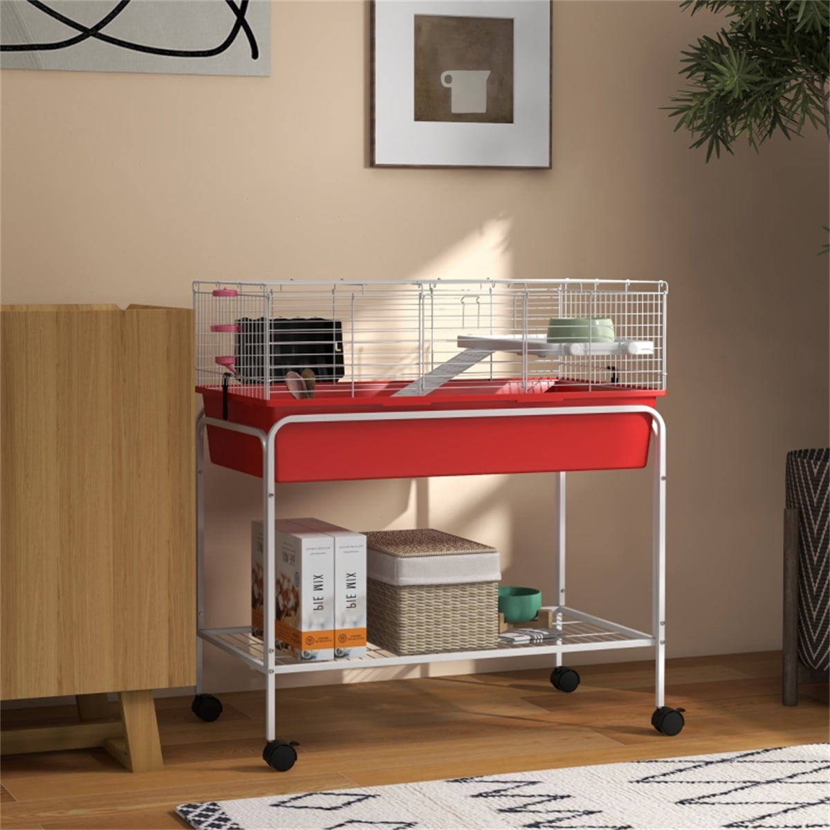 Small Animal Habitat Cage with Wheels for Guinea Pigs Chinchillas Ferrets, Red White