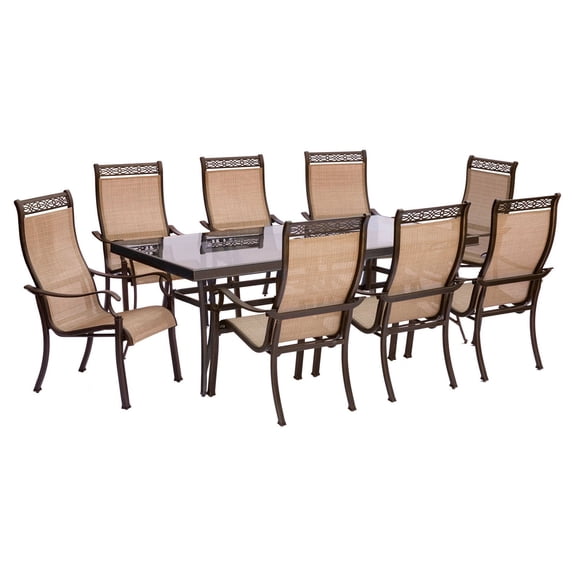 Hanover Monaco 9-Piece Outdoor Patio Dining Set with Tempered Glass 42" x 84" Rectangular Dining Table and 8 PVC Sling Dining Chairs with Rust-Free Aluminum Frames | MONDN9PCG