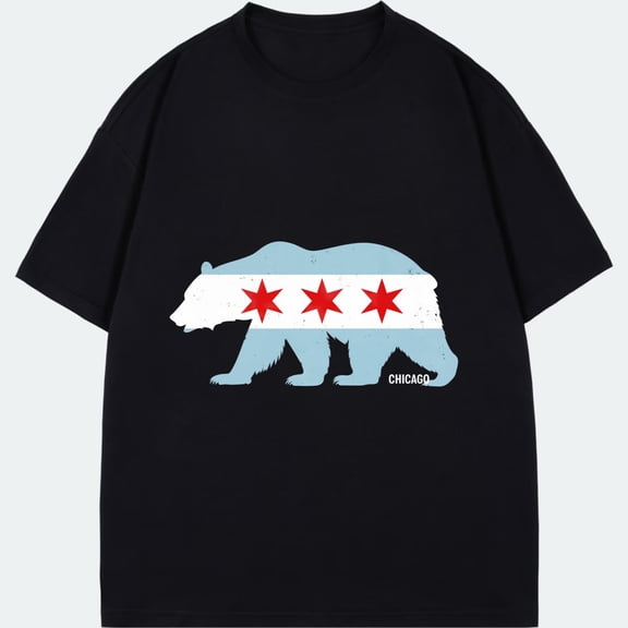 Chicago Bear Flag T Shirt Black Chicago Flag Design With Three Red Stars And Bear Silhouette For Casual Wear And City Pride Display