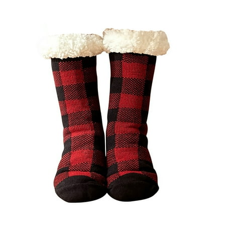 

1 Pair Home Floor Socks Non-slip Plaid Plush Middle Tube Sock One Size (Red)