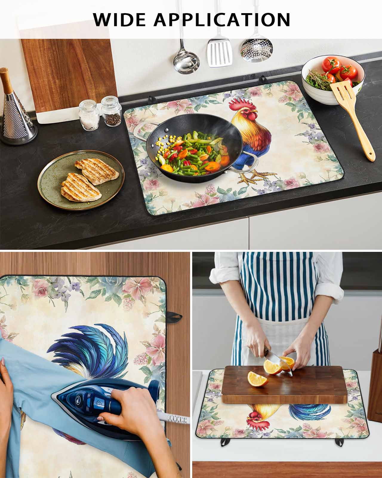 nqOlkjepod Large Induction Cooktop Protector Mat 24"x21", Farmhouse Chicken Stove Top Covers for Electric Stove, Watercolor Flowers Floral Farmhouse Stove Burner Cover Mats, Glass Top Stove Cover