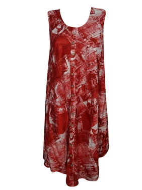 Mogul Women Red Tie Dye Tank Dress Sleeveless Button Front Hippie Chic Dresses