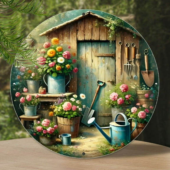 Vintage Floral Garden Shed Round Metal Sign, Aluminum Wall Decor for Cafe, Garage, Farmhouse - Rustic Outdoor/Indoor Art, Garden Tool Theme Decorative Plaque