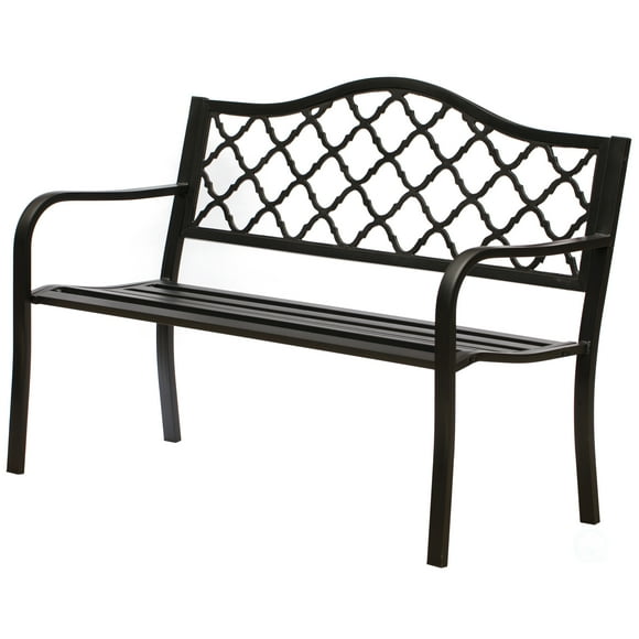 Gardenised Outdoor Garden Patio Steel Park Bench Lawn Decor with Cast Iron Back, Black Seating bench for Yard, Patio, Garden and Deck