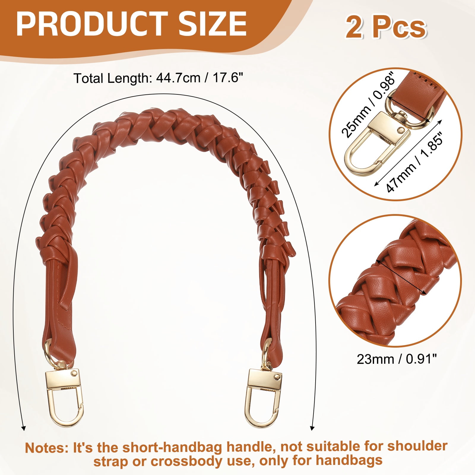 Braided Purse Strap, 2Pack 44.7cm/17.6" Orange-Red PU Leather with Gold Buckles for Underarm Bags, Handbags