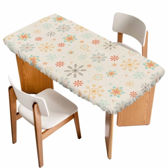 Christmas Snowflakes Table Cloths for 4 Foot Rectangle Tables, Winter Xmas Geometric on Linen Patio Waterproof Elastic Fitted Tablecloths, Washable Rectangular Table Cover for Camping
