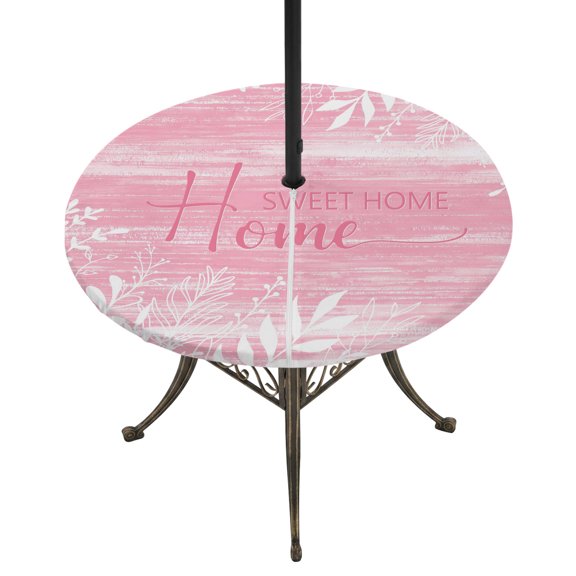Outdoor Tablecloth with Umbrella Hole and Zipper Pink Wood Grain Round Fitted Table Cover with Elastic Waterproof Leaves Home Sweet Home Patio Tablecloths for Picnic BBQS Garden Party Fit 45"-54"