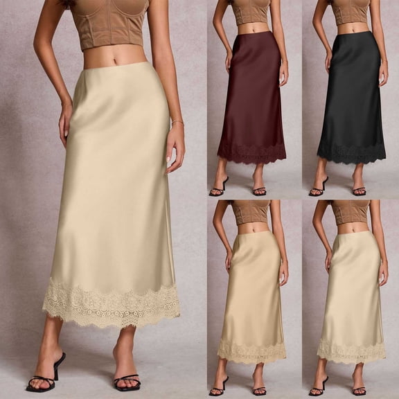 THDHVS Pencil Skirt for Women,Solid Color High Waist Satin A Line Skirt with Lace Trim Elegant Casual Party Wedding Style,Summer Skirts Beige M