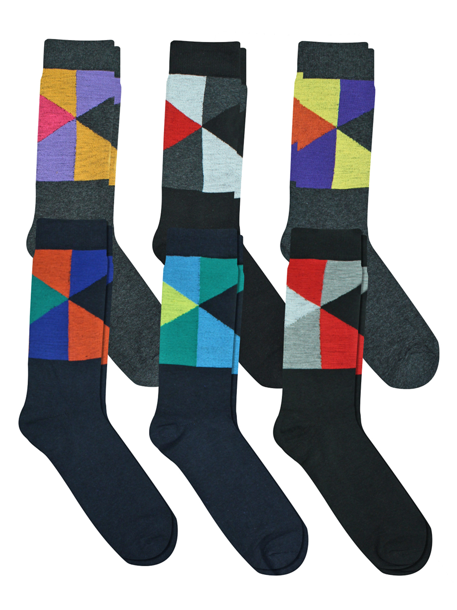 6Pack Mens Assorted Cotton Blend Geometric Print Dress Socks