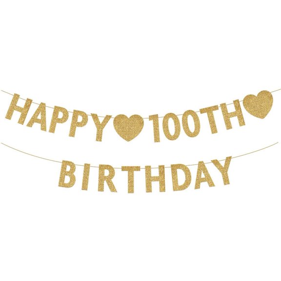 Gold Happy 100th Birthday Banner, Glitter 100 Years Old Woman or Man Party Decorations, Supplies
