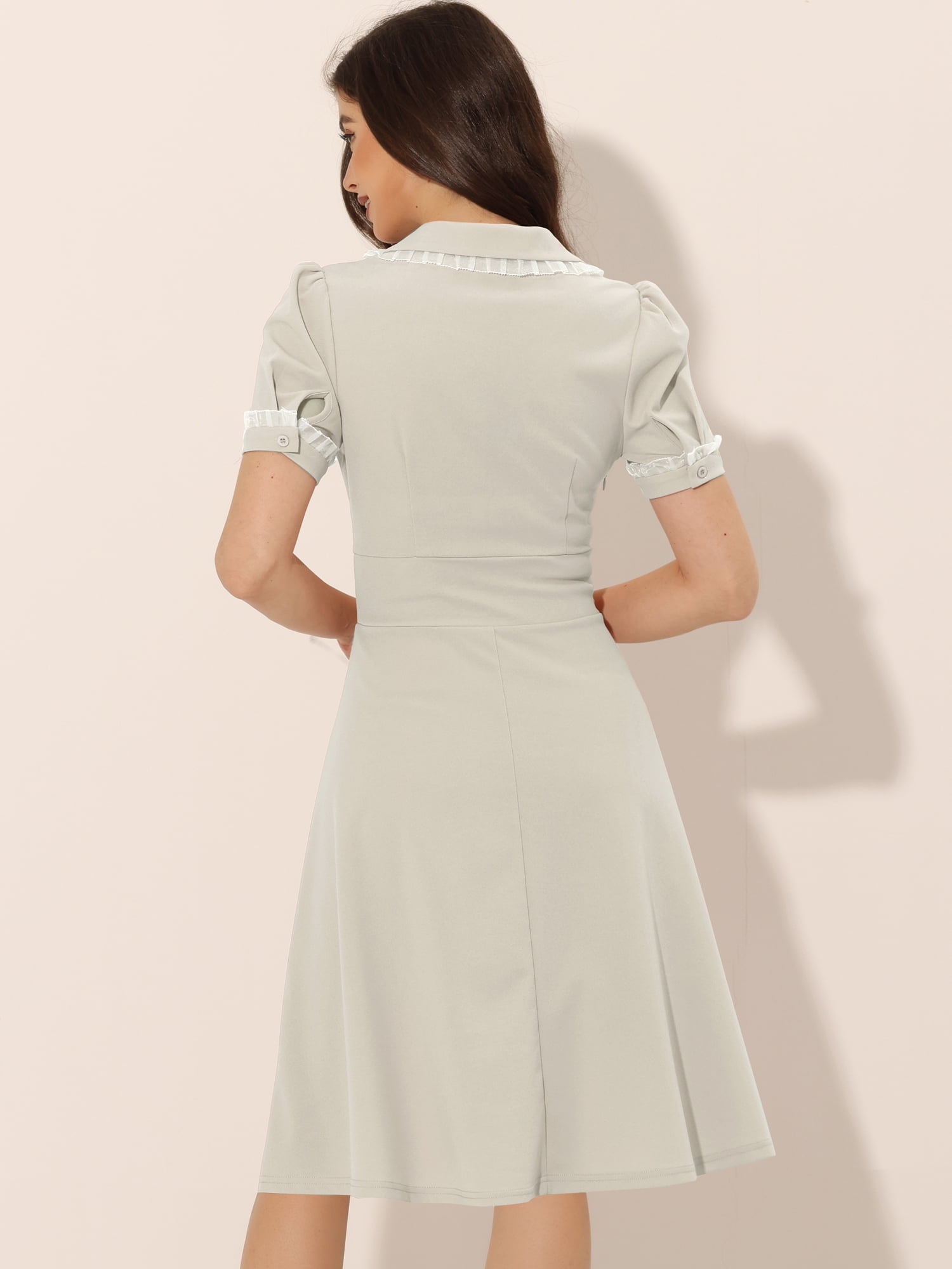 Unique Bargains Women's Ruffled Peter Pan Collar Midi Dresses M Grey