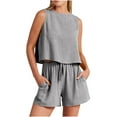 thumbnail image 1 of Birdeem Mode Femme Col Rond Blouse Sans Manches Ample Coton Lin Poches Pantalons Ensembles Chemises, 1 of 8