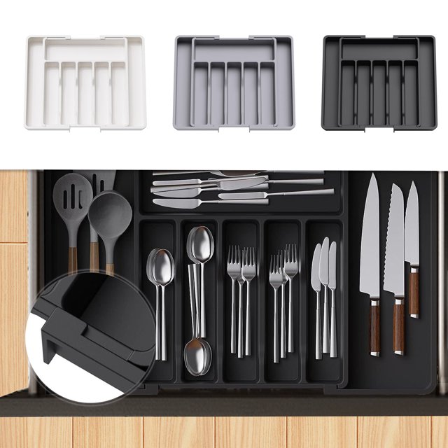 SCZ Organizador de cubiertos – Organizador de cajones de cocina expandible, organizador de utensilios ajustable, organizador de cajones de cubiertos para tenedores, cuchillos