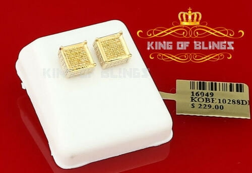 King of Bling's 0.15ct Yellow Diamond 925 Sterling Silver Stud Women's/ Men's Square Earrings