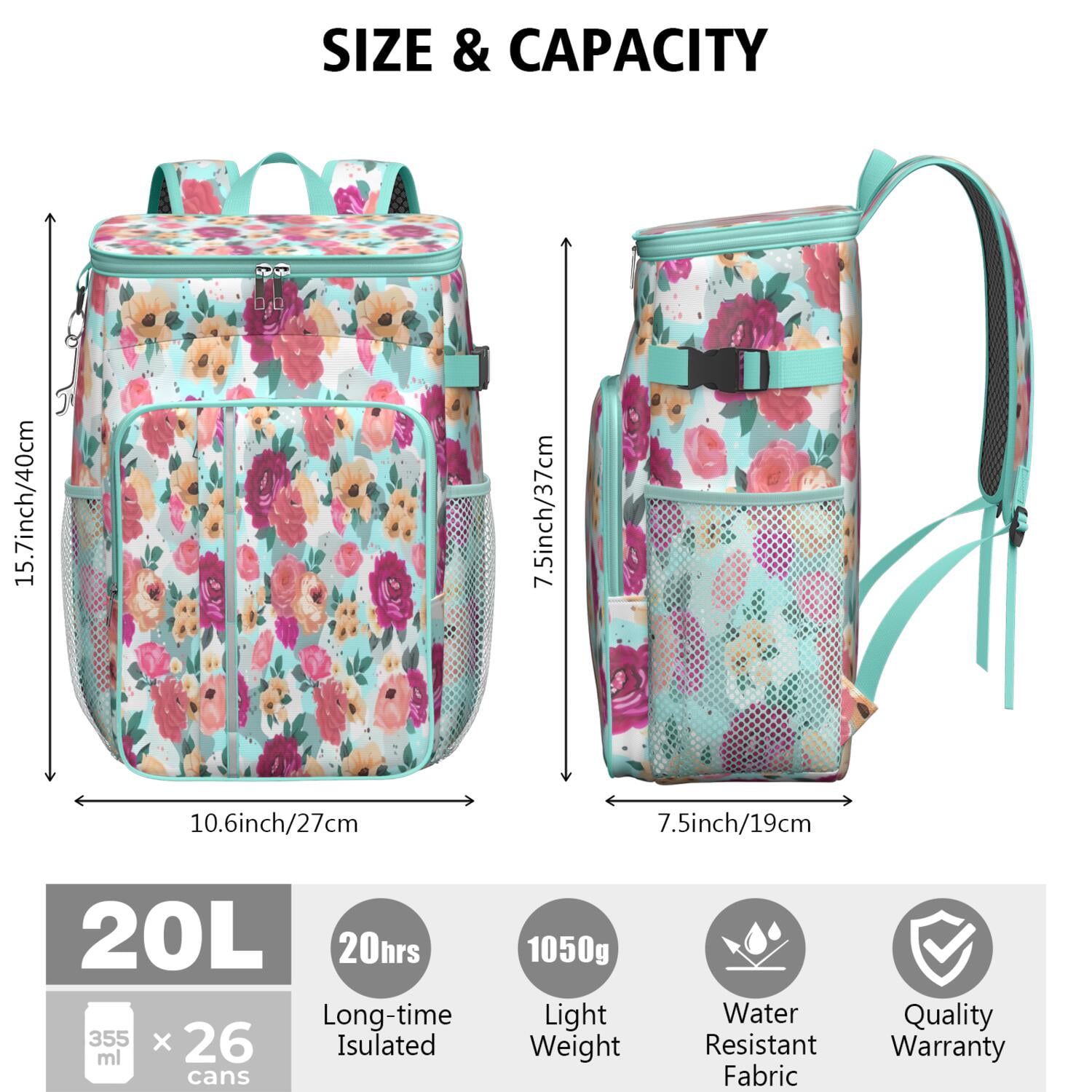 Travel Cooler Bag - Pioneer Flower Floral Print Pattern Camping Beer Cooler Backpack with Bottle Opener- Waterproof Insulated Picnic Backpacks - Cooler Bag for Beach