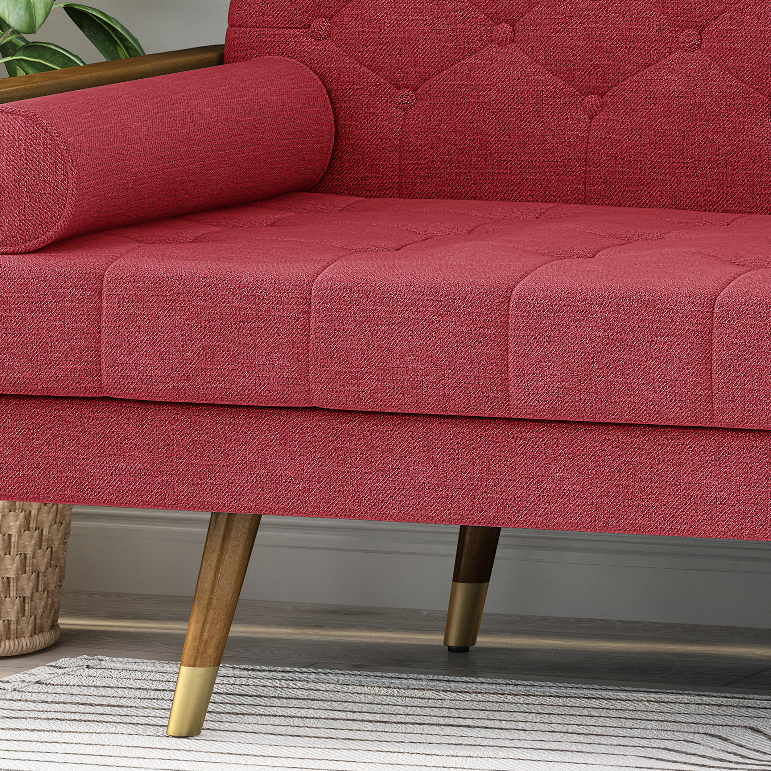 Demuir Mid Century Modern Tufted Fabric Sofa with Rolled Accent Pillows, Red - image 3 of 10