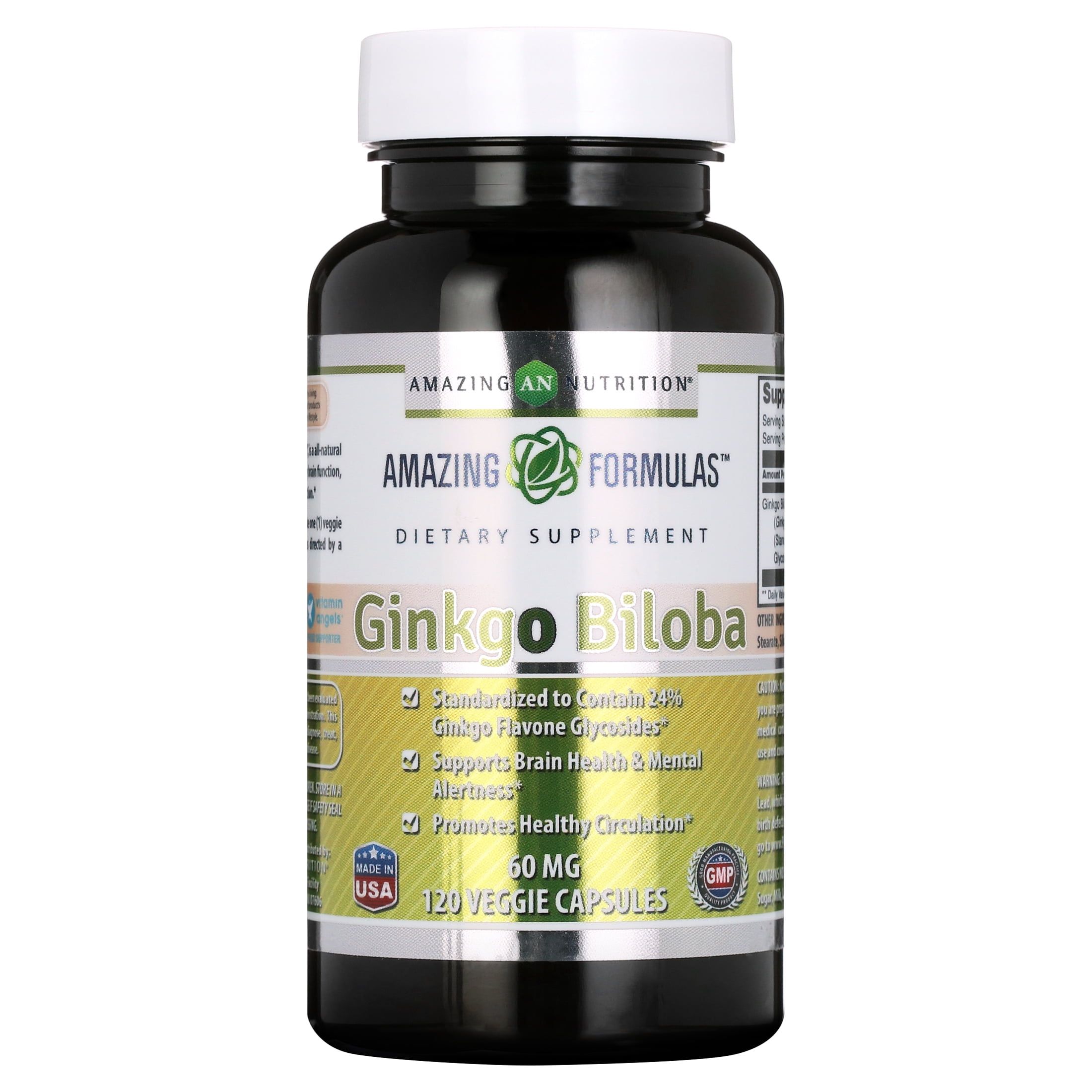 Amazing Formulas Ginkgo Biloba 60 Mg Per Serving Supplement 120 Veggie Capsules | Standardized to Contain 24% Ginkgo Flavone Glycosides | Non-GMO | Gluten Free