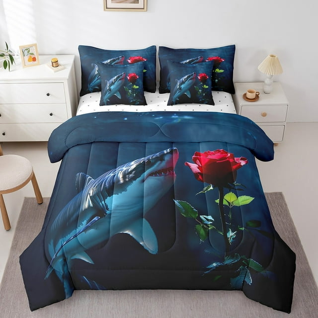 YST Ensemble de Literie 7 Pcs « Bed in a Bag » Requin, Ensemble de Couette à Thème Faune Marine, Format Simple, Océan Profond
