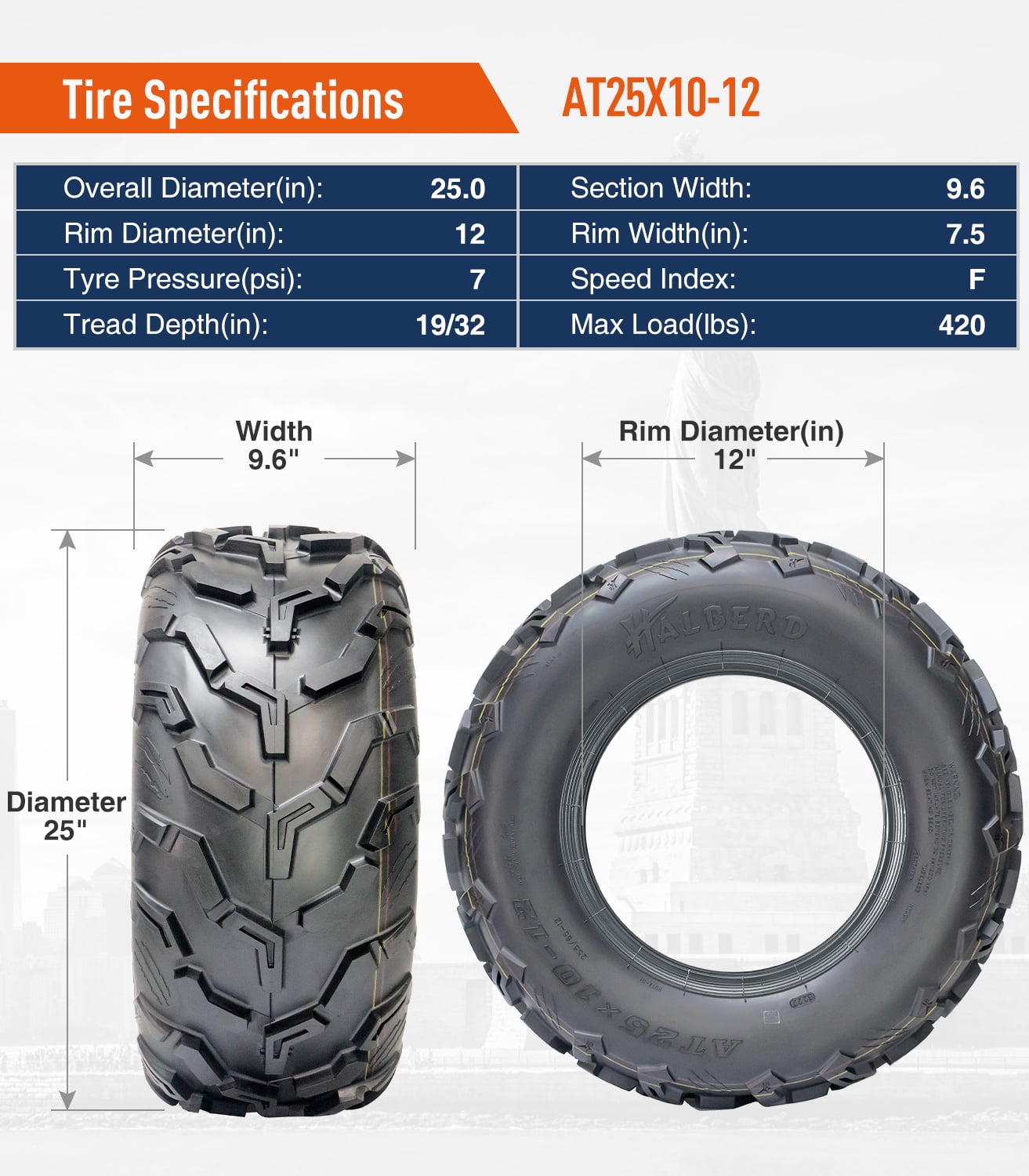 Full Set New Premium HALBERD 6PR ATV/UTV Tires, 25x8-12 Front & 25x10-12 Rear, All Terrain 15mm Tread Depth 25x8x12 25x10x12 Trail Sand Off-Road Tires, Set of 4