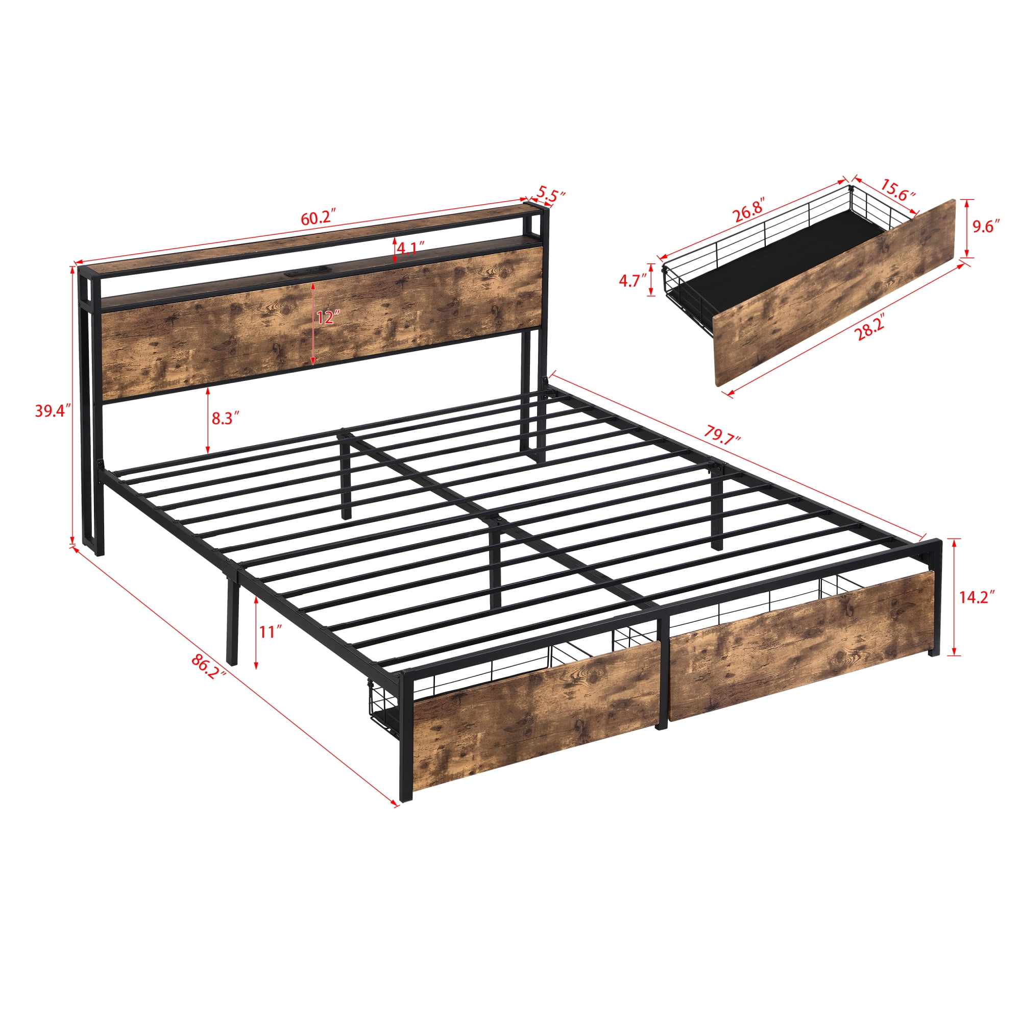 Queen Bed Frame with Storage Headboard with Charging Station,Noise Free, No Box Spring Needed, Easy Assembly,Dark Brown