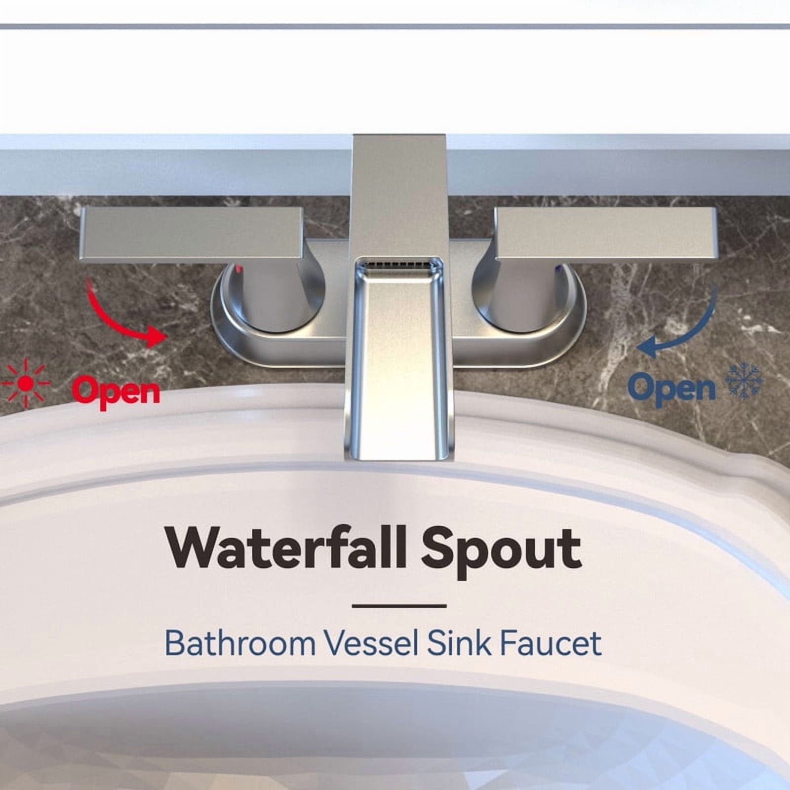 AUKTOPT Bathroom Faucet with Waterfall Spout, Dual Handle Solid Brass 3 Hole Deck Mount Sink Faucet, Easy Installation, Water-Saving, Brushed Nickle