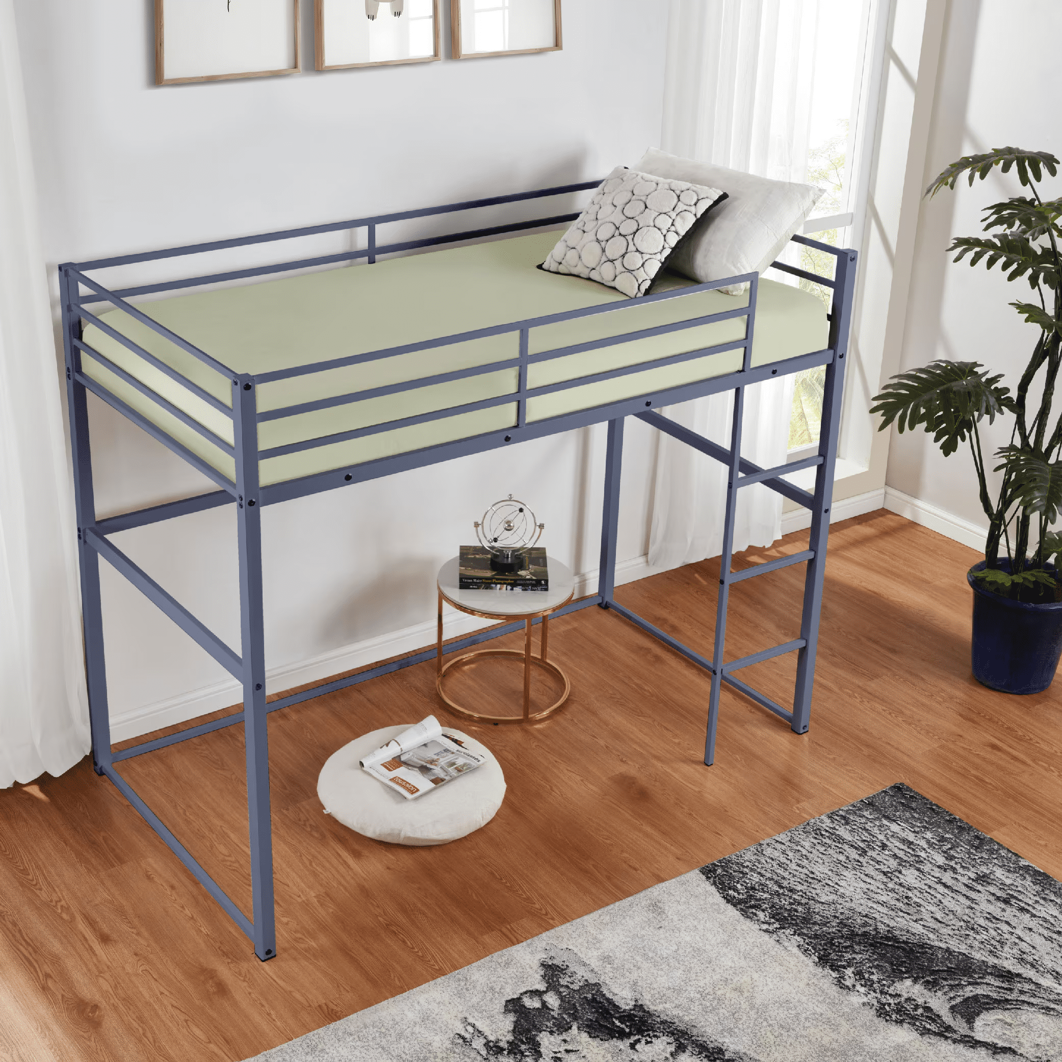 MAYEERTY Metal Full Size Loft Bed, Loft Bed Frame with Safety Guard Rails & Flat Ladder, for Kids Teens Adults, Gray