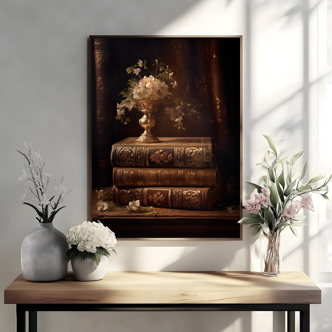 Books And Flowers Wall Art Print Vintage Reading Library Decor