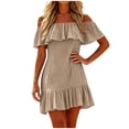 thumbnail image 4 of Ahabrexf Off Shoulder Summer Dresses for Women, Ruffle Border Linen Look Solid Color Mini Sundress, Casual Flowy Short Dress for Beach Vacation Daily Wear, 4 of 7