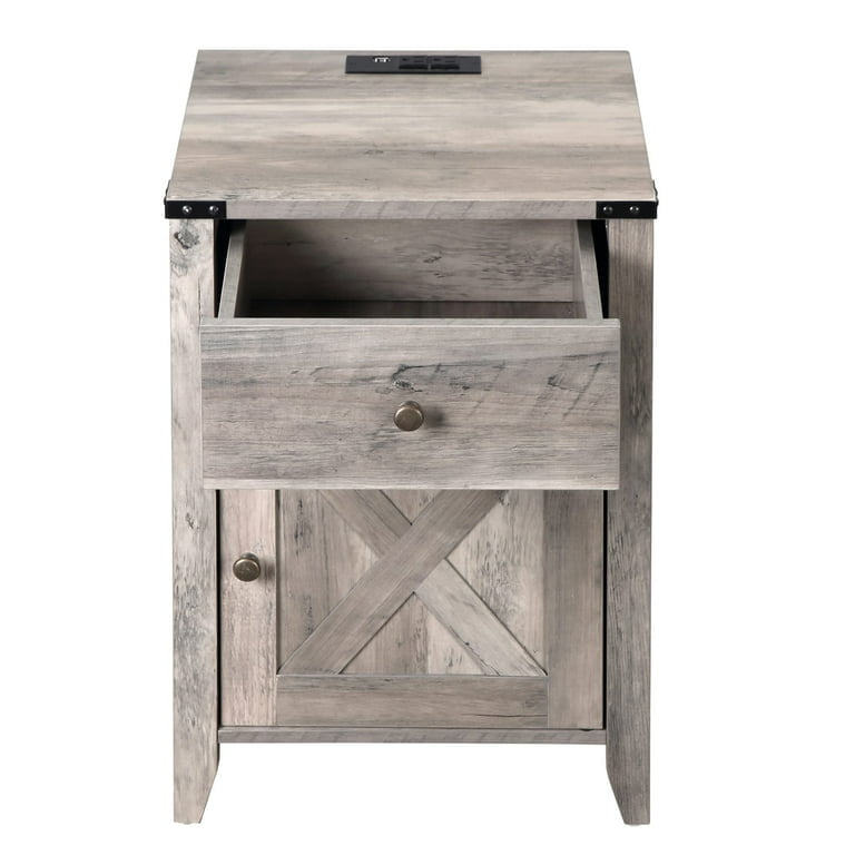 Tolead Barnwood Rustic Nightstand with Charging Station, Weathered Oak Style, Gray, 2 Pcs