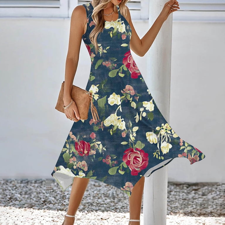LNWUY Summer Floral Dresses for Women Fashion Beach Casual A Line Dress  Sleeveless Round-Neck Loose Comfort Sundress with Pockets Navy L -  Walmart.com