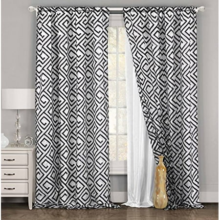 Curtains For Black And White Living Room Single Panel (1) White and Black Window Curtain for Living Rooms: Geometric Design, Double Layer, Pole Top, Extra Wide 54