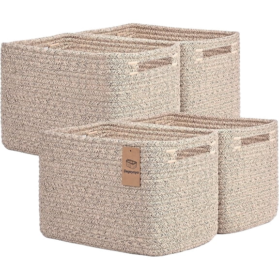Natubeau 4 Pack Woven Storage Basket for Shelves, 13''Lx8.7''Wx7.9''H Cube Storage Bins with Handle, Cotton Rope Woven Baskets for Organizing, Brown