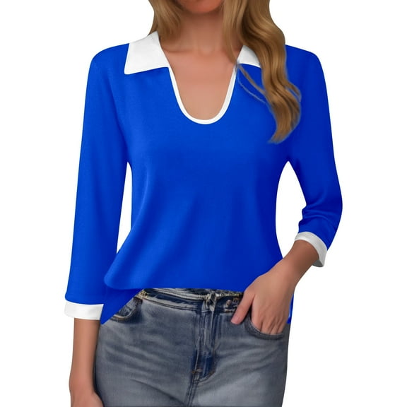 DuoJiaJ Women's Fashion Color Block Collar Long Sleeve Fitted V Neck T Shirt Women’s Ribbed Knit Crop Tops Blue