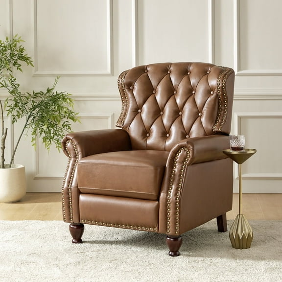 Traditional Genuine Leather Push Back Wingback Recliner Chair Tufted with Nailhead Trims and Solid Wood Legs for Living Room Camel