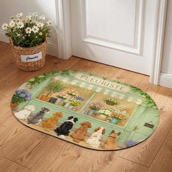 Green Florist Storefront Diatomaceous Earth Bath Mat, Rustic Playful Array of Seated Dogs Oval Non-Slip Quick Dry Door Mat Super Absorbent Bath Rug for Bathroom Kitchen Laundry 18x30in