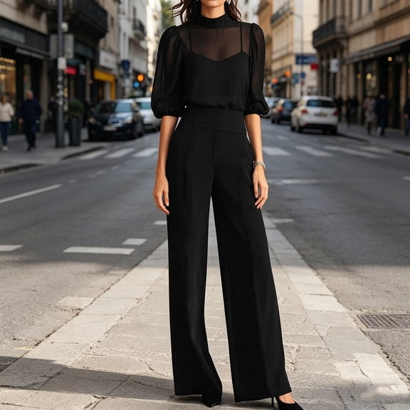 IUYRTFE Women 3 Piece Sheer Sleeve Jumpsuit Set with Cami and Wide Leg Pants for Formal Evening Events