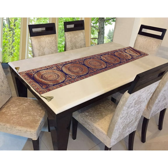 Stylo Culture Indian Decorative Living Room Tablecloth For Rectangle Table Dark Blue Gold Large Party Decor Round Mandala 68 Inch Long Brocade Jacquard Tassel Work Table Runner (68 x 16 Inch)