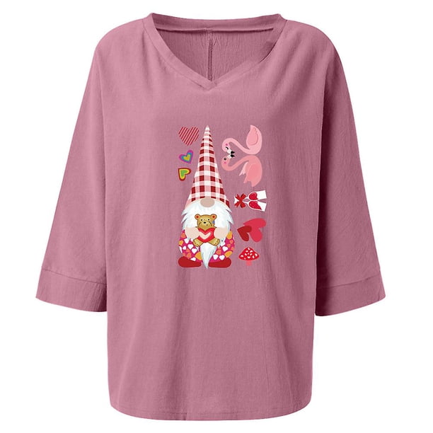 Camiseta con estampado de gnomo enano del día de San Valentín para mujer, blusa con cuello en V