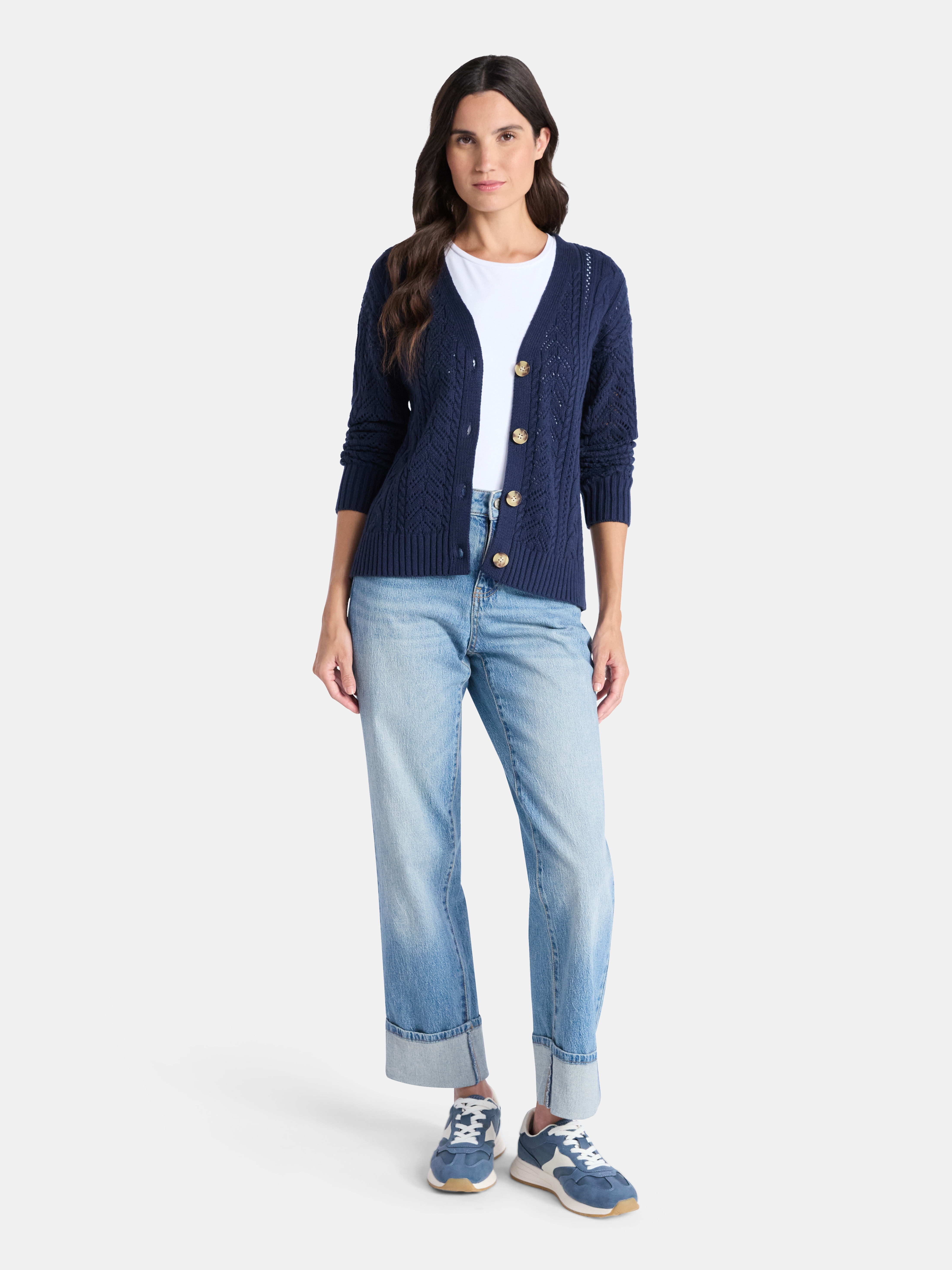 Time and Tru Women's and Women's Plus Cable Knit Cardigan Sweater, Lightweight, Sizes XS-4X