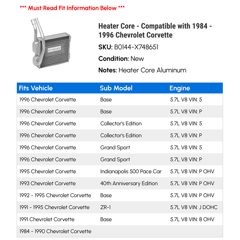 Heater Core For 1997-2004 Chevy Corvette 5.7L V8 1998 1999