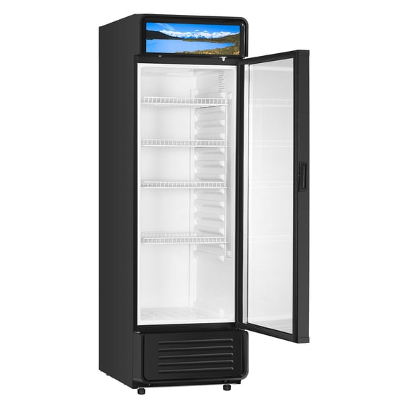 KFFKFF Business Fridge Merchandiser, 9.7 CU.FT Transparent Door Showcase Fridge, Drink Fridge Cooler Vendor with Modifiable Racks, Gentle LED Illumination, Personalizable Illuminated Sign, Dark