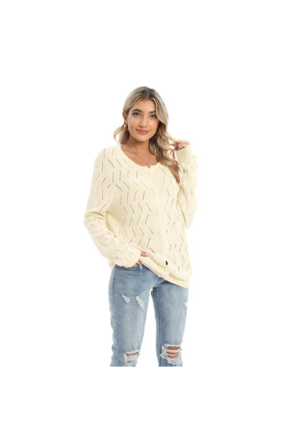 Autumn Women Hollow Out Cardigan Coat Top Streetwear Shirt V Neck Knitted Sweater Solid color long Sleeve V neck