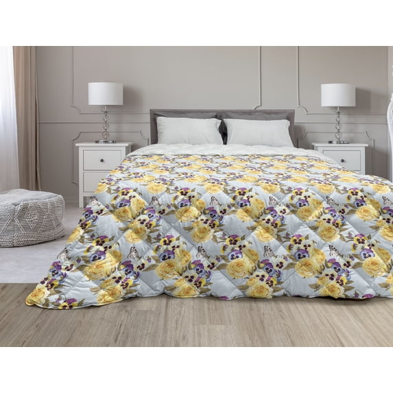 Pansy Down Alternative Comforter, Close Up Scene of Detailed Garden Flowers Blooming Clematis Yarrow, Microfiber Quilt for All Season, 5 Sizes, Mint Green and Multicolor, by Ambesonne
