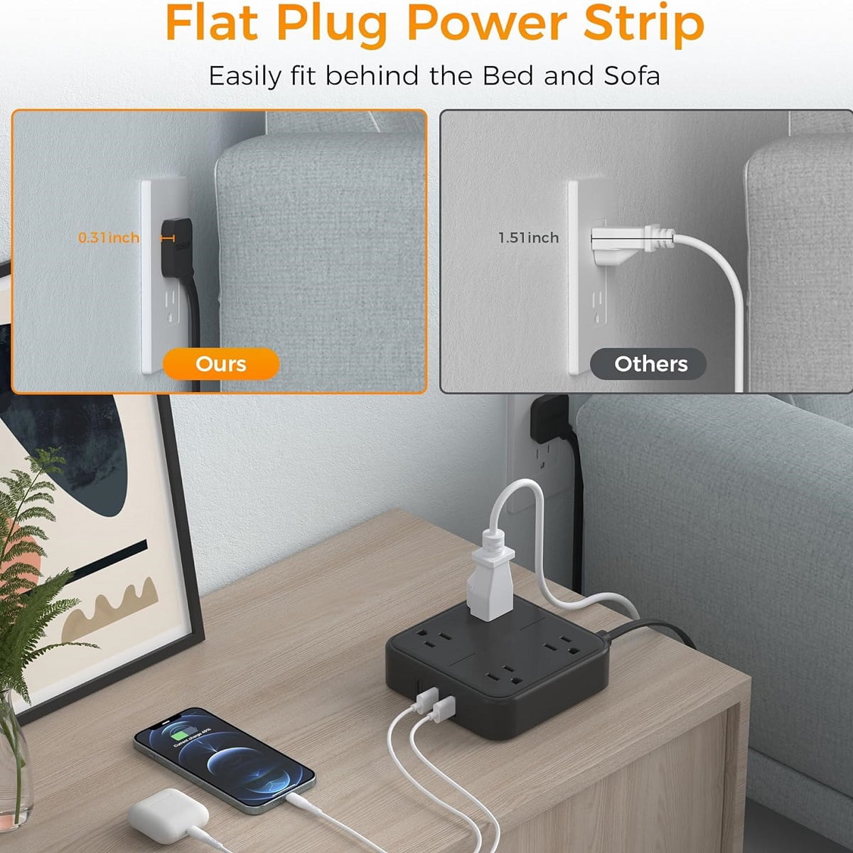 Flat Extension Cord 5Ft, Power Strip with 4 Outlets and 3 USB Ports (1 USB C), Ultra Slim Flat Plug Surge Protector, 900 Joules, Wall Outlet Extender, Black