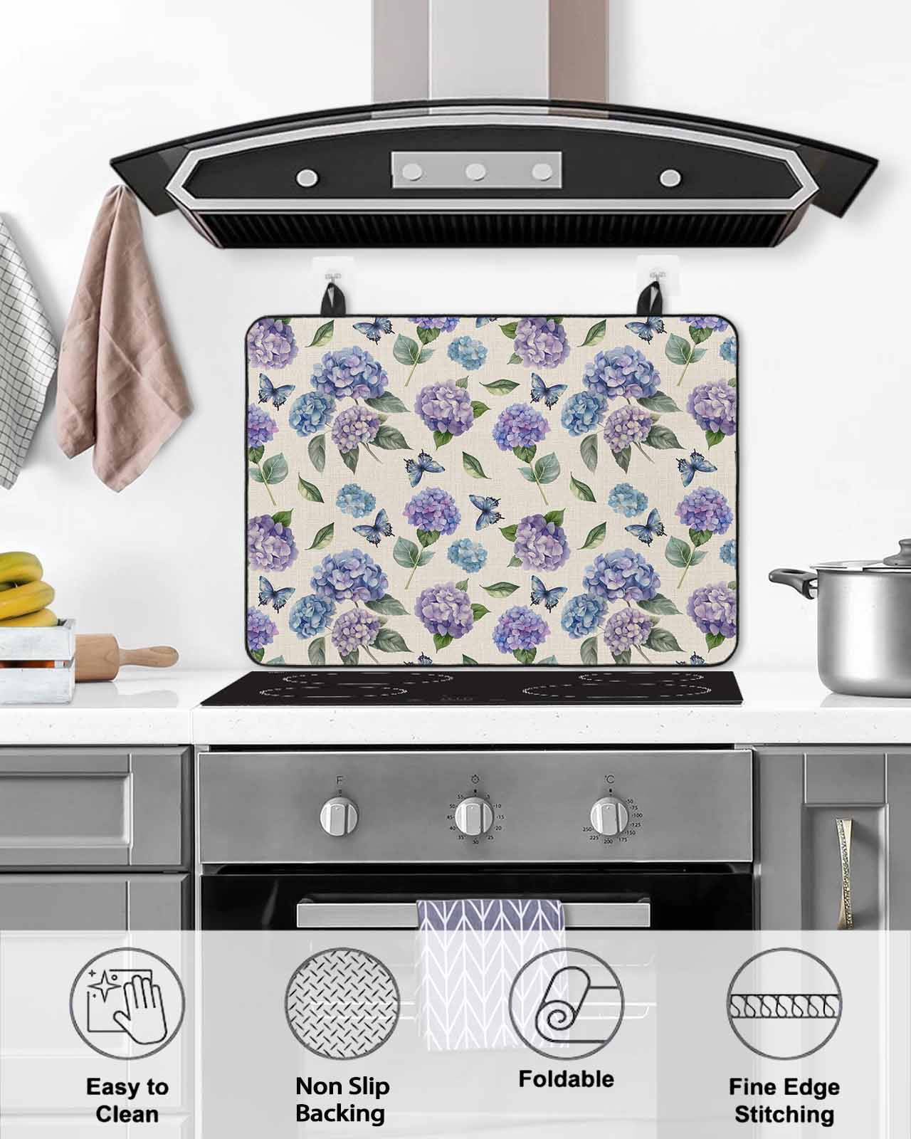 nqOlkjepod Large Induction Cooktop Protector Mat 24"x21", Purple Blue Hydrangea Stove Top Covers for Electric Stove, Pastoral Butterfly Botanical Stove Burner Cover Mats, Glass Top Stove Cover