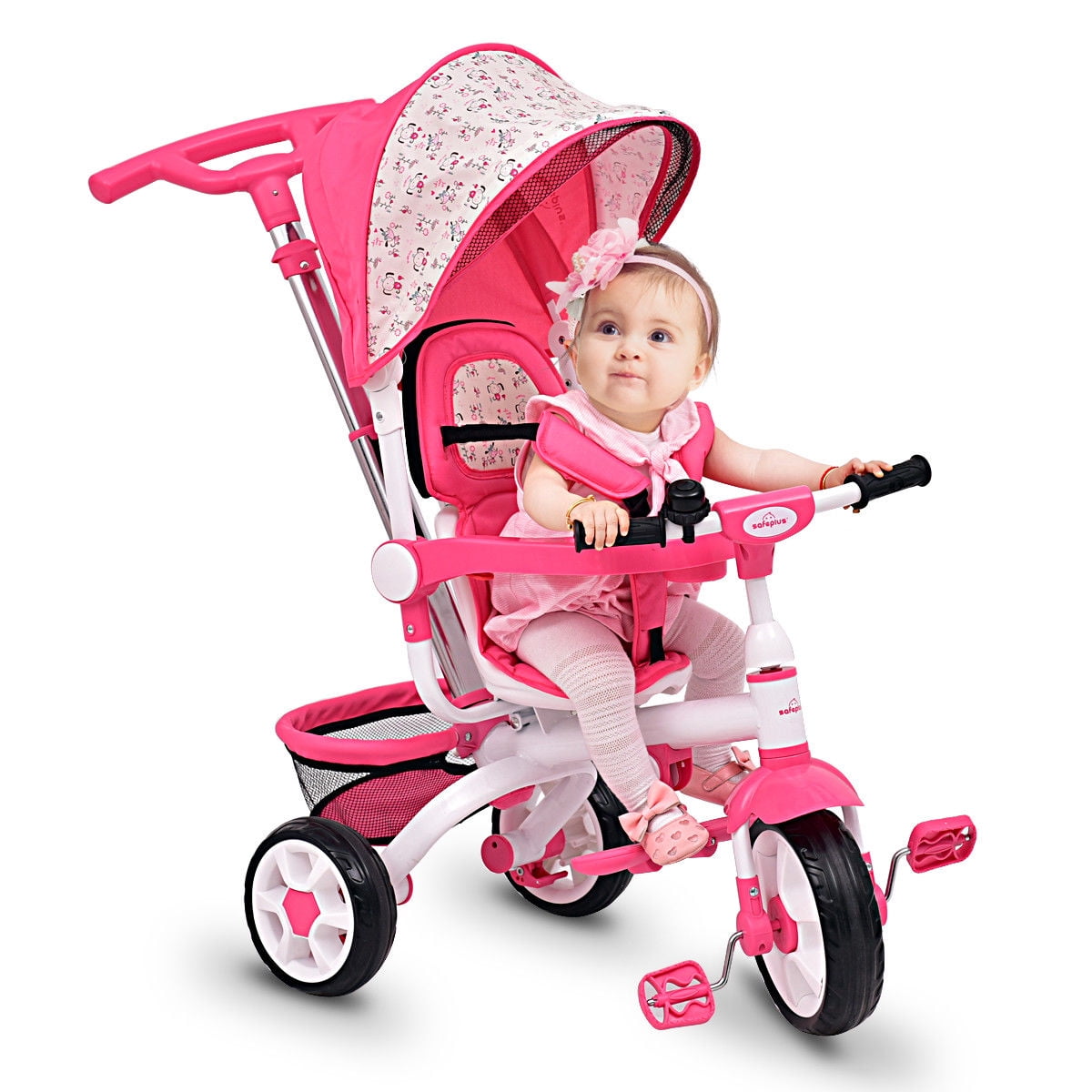 4-in-1 Detachable Baby Stroller Tricycle with Round Canopy - Pink